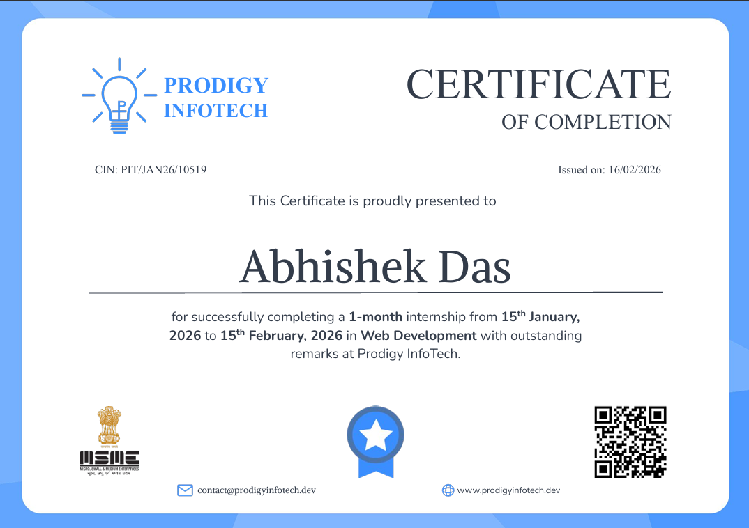 Prodigy Infotech Internship Certificate